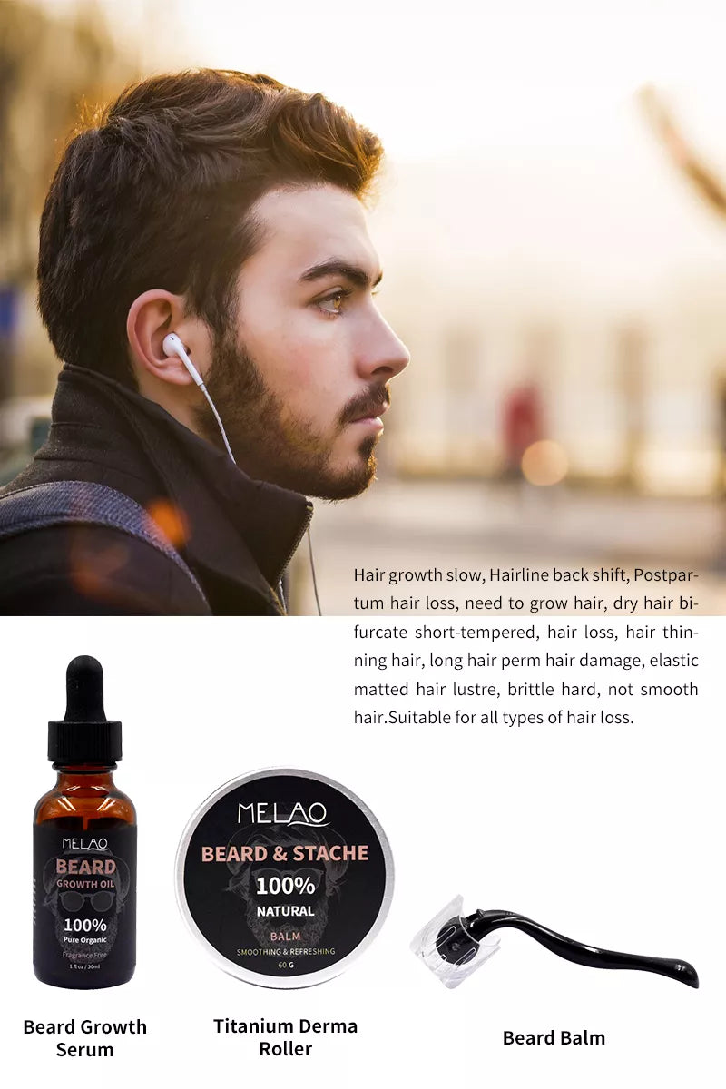 MELAO High Quality Natural Pure Beard Oil Kit Organic Beard Growth Essential Oil Kit Beard Comb Set For Men
